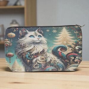 Mystical Cat Cosmetic Bag Celestial Green White Makeup Organizer Travel Pouch